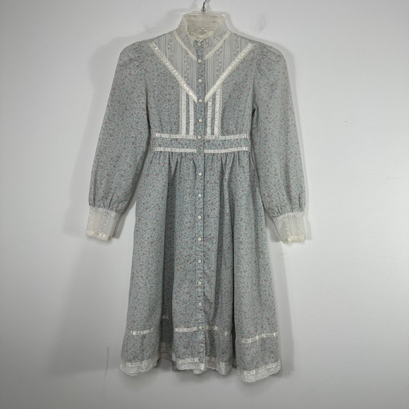 Gunne Sax By Jessica Girls Prairie Dress Blue Pink Ruffle Tie Back Juniors - Picture 1 of 16